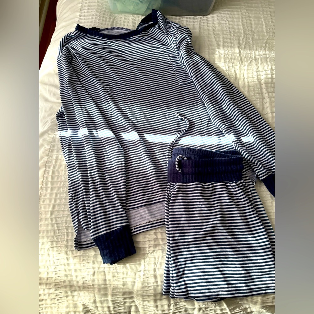 Women’s pijama short set. Long sleeve shirt and shorts bottom.